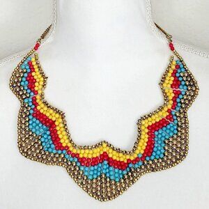 Artisan Made Colorful Statement Necklace Beaded Gold Tone Spring Summer Fun